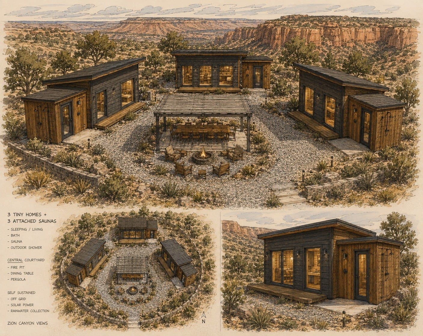 Architectural drawing: three cabins with attached saunas around a courtyard, canyon beyond